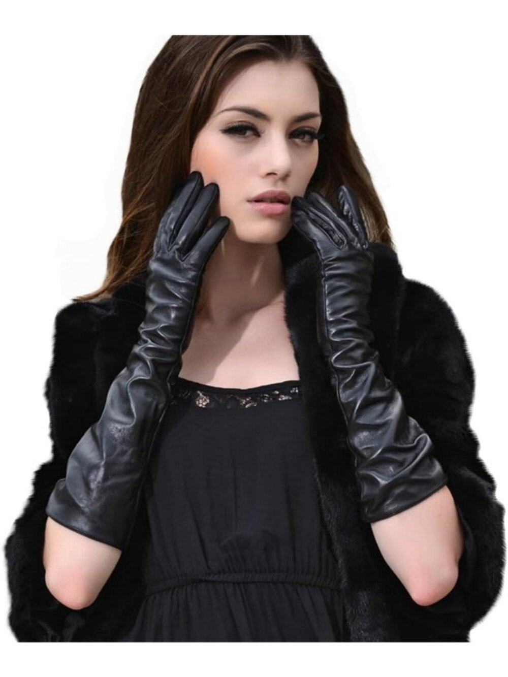 Soft Leather Long Opera Gloves for Evening Wear, Party Costume, Matte Black